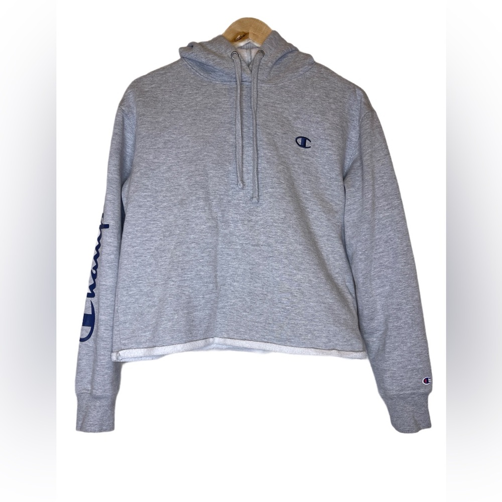 Champion Gray Cropped Hoodie Sweatshirt Size M | Logo Sleeve